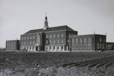 Black and white image of the Derby Conference Centre a landmark railway training college in Derby